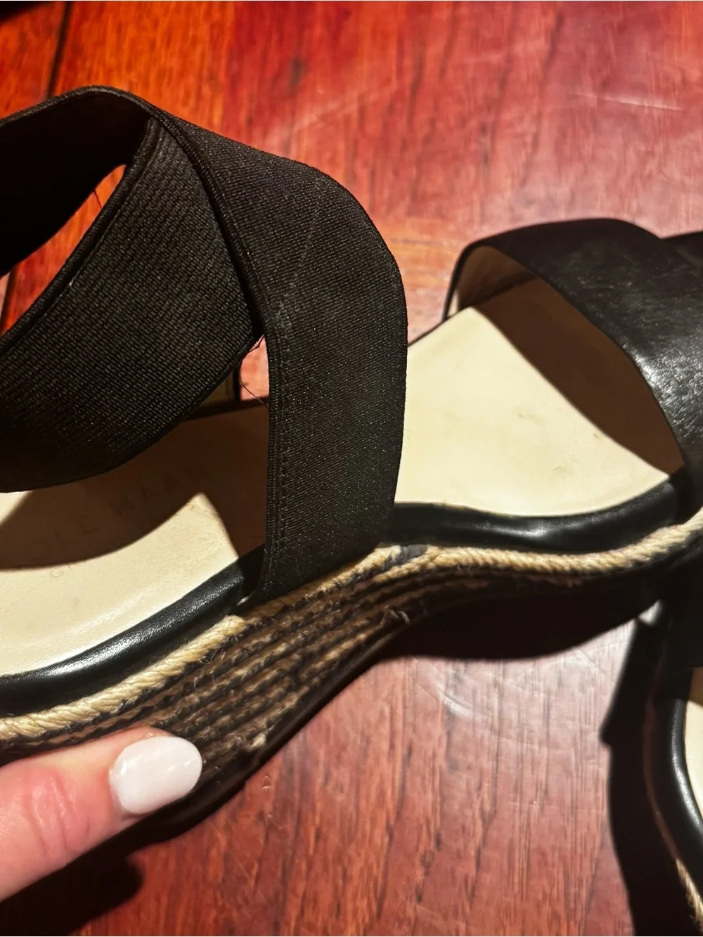 Cole Haan Black Espadrille Wedge Sandals with Natural Rope Details